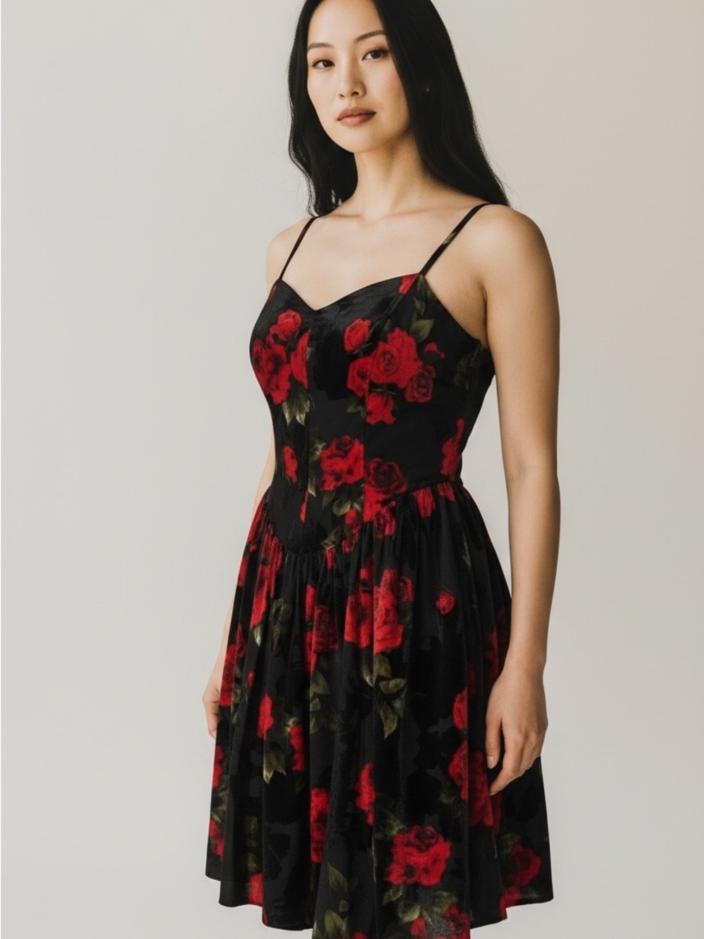 Women’s Black A-Line Skirt with Red Rose Print